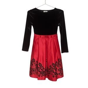 Rare Editions Black Velvet Red Satin Sparkly Floral Dress Waist Tie 10